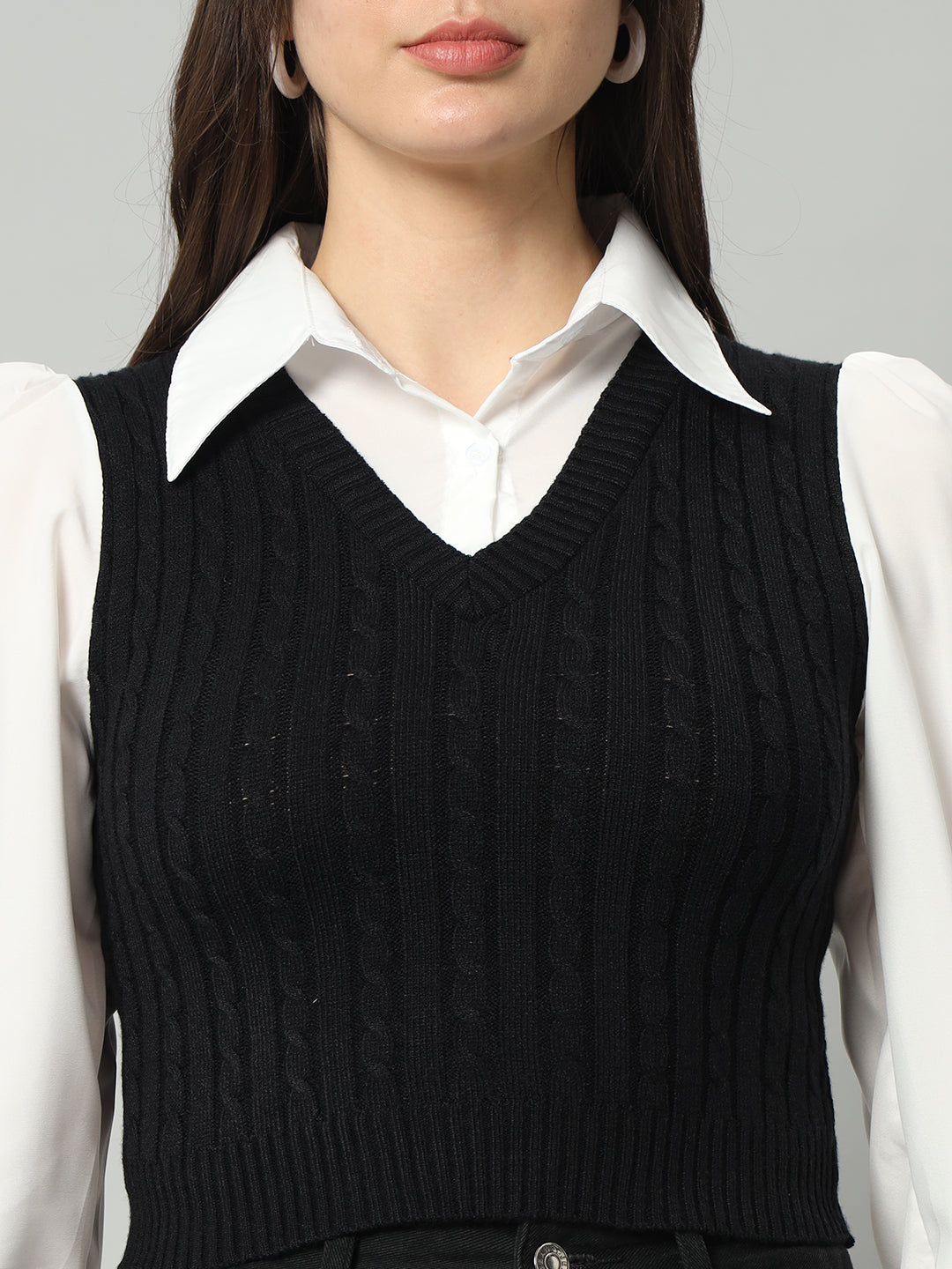 BROOWL Women Black & White Woollen Sweater Vest