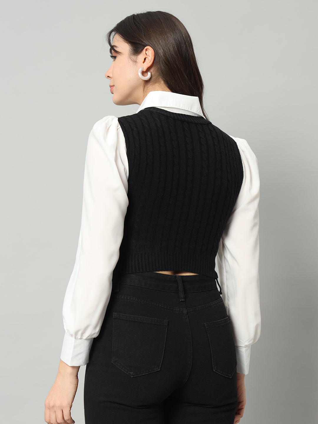 BROOWL Women Black & White Woollen Sweater Vest