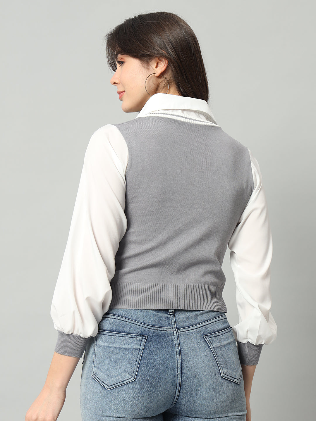 BROOWL Women Grey & White Woollen Sweater Vest