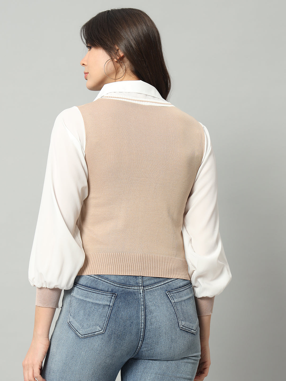 BROOWL Women Beige & White Woollen Sweater Vest