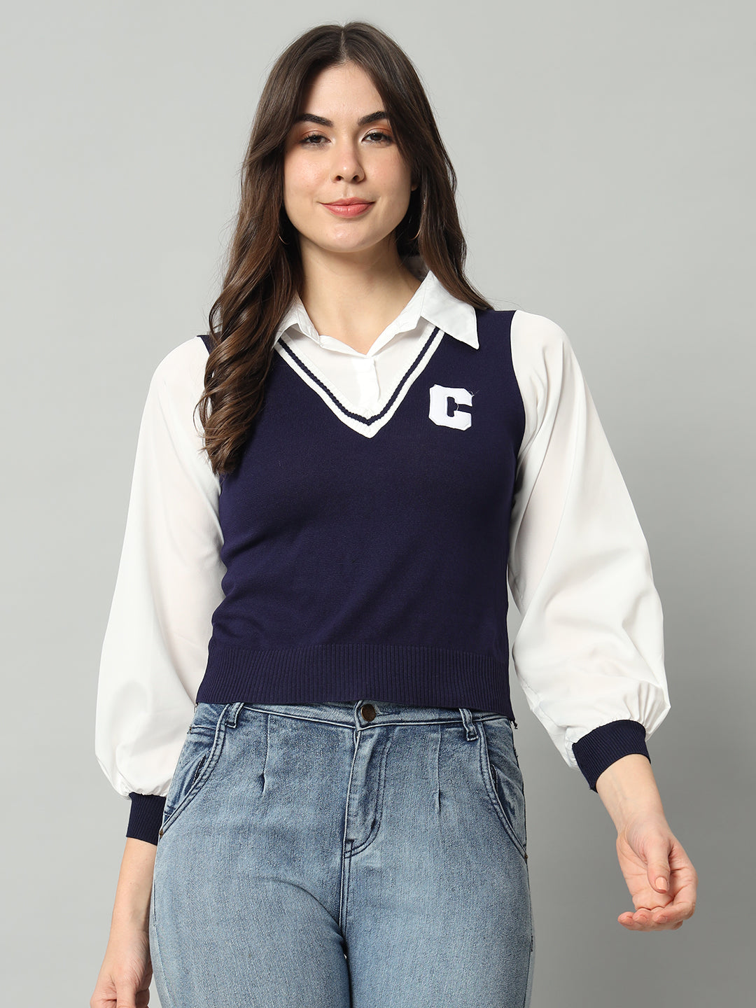 BROOWL Women Blue & White Woollen Sweater Vest