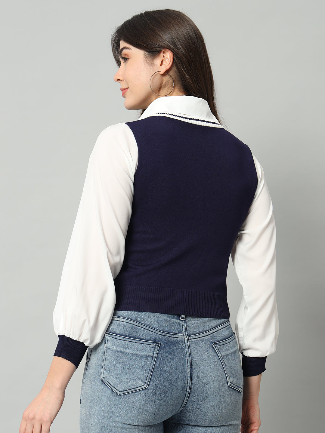 BROOWL Women Blue & White Woollen Sweater Vest