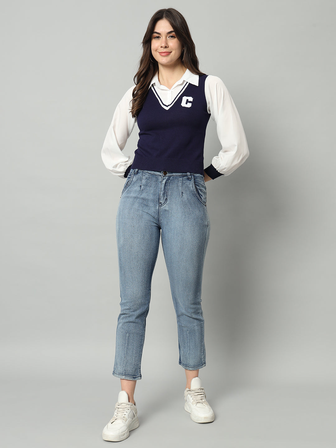 BROOWL Women Blue & White Woollen Sweater Vest