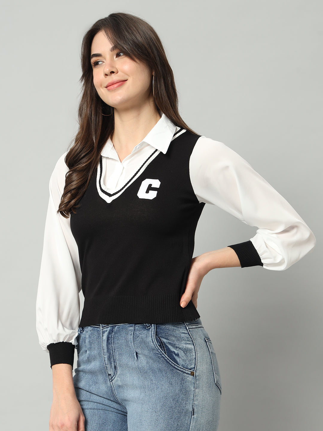 BROOWL Women Black & White Woollen Sweater Vest