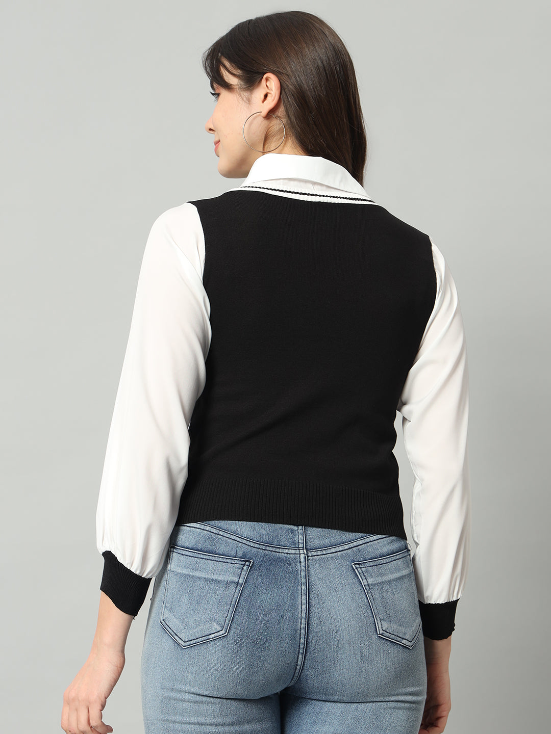 BROOWL Women Black & White Woollen Sweater Vest