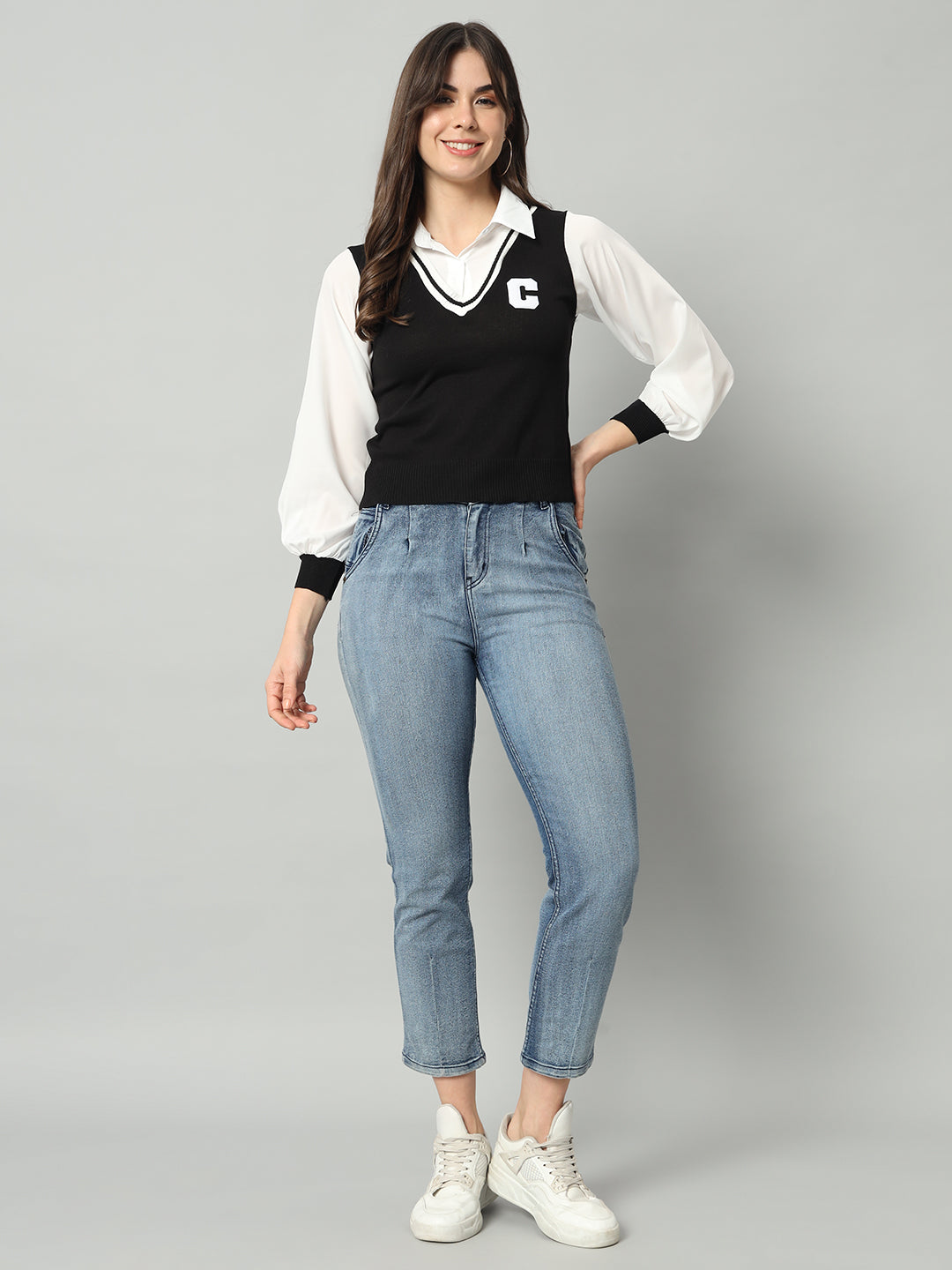 BROOWL Women Black & White Woollen Sweater Vest