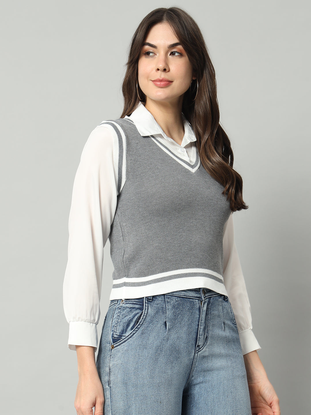 BROOWL Women Grey & White Woollen Sweater Vest