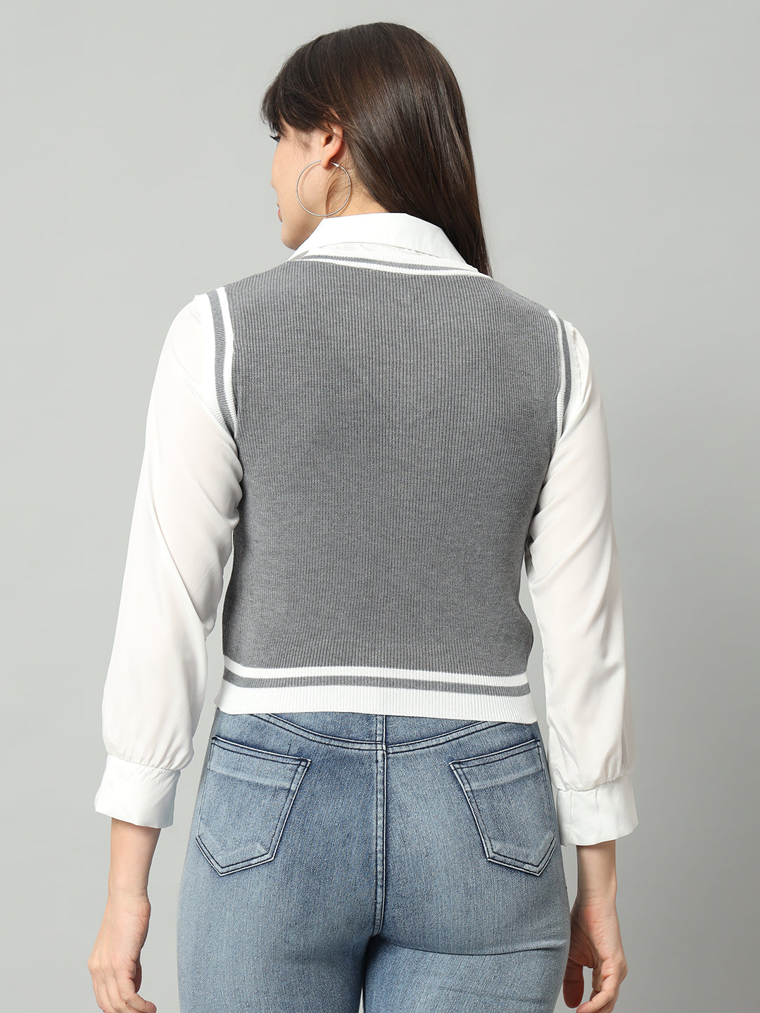 BROOWL Women Grey & White Woollen Sweater Vest