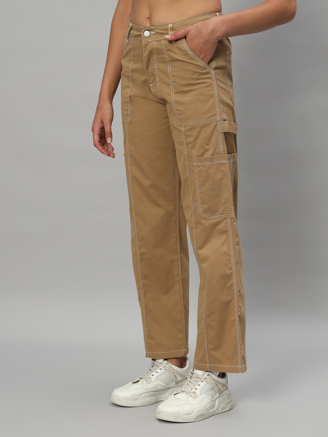 BROOWL Women Relaxed Loose Fit High-Rise Cargo Trousers