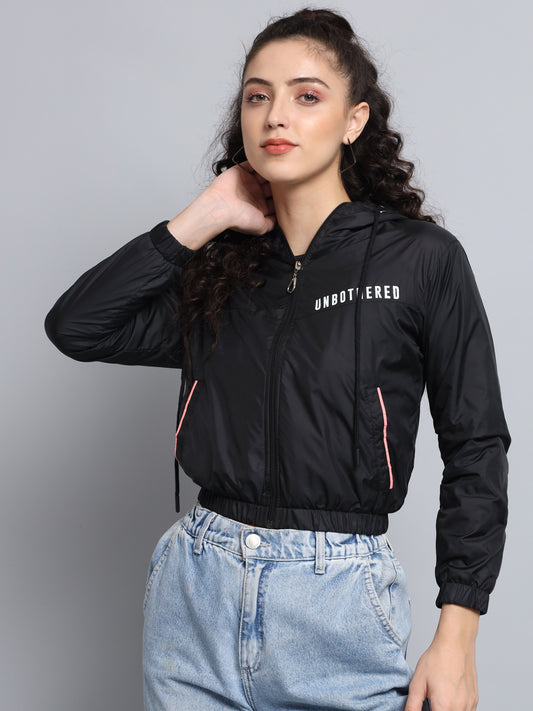 Broowl Women Black Windcheater Crop Sporty Jacket