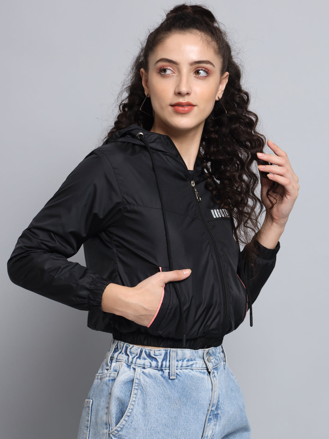 Broowl Women Black Windcheater Crop Sporty Jacket