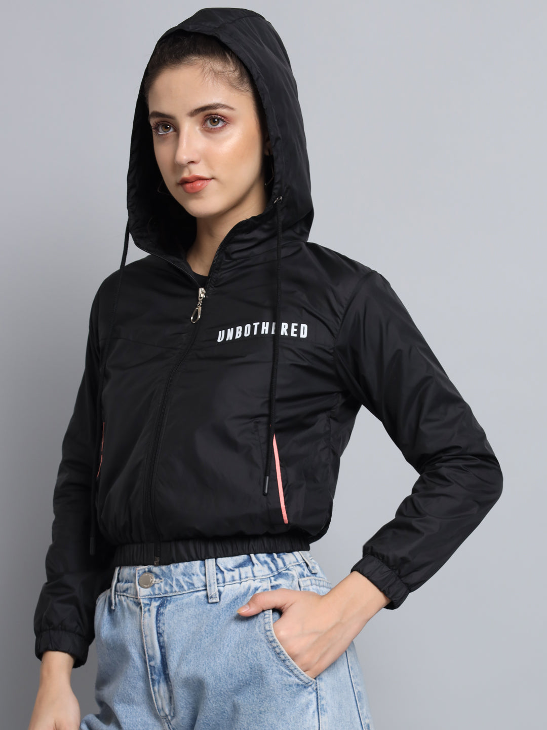 Broowl Women Black Windcheater Crop Sporty Jacket