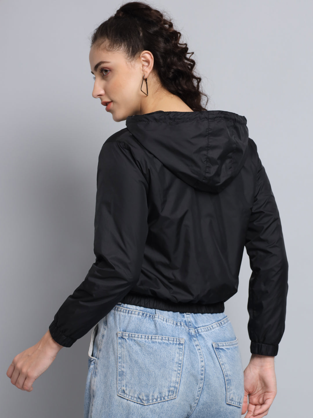 Broowl Women Black Windcheater Crop Sporty Jacket