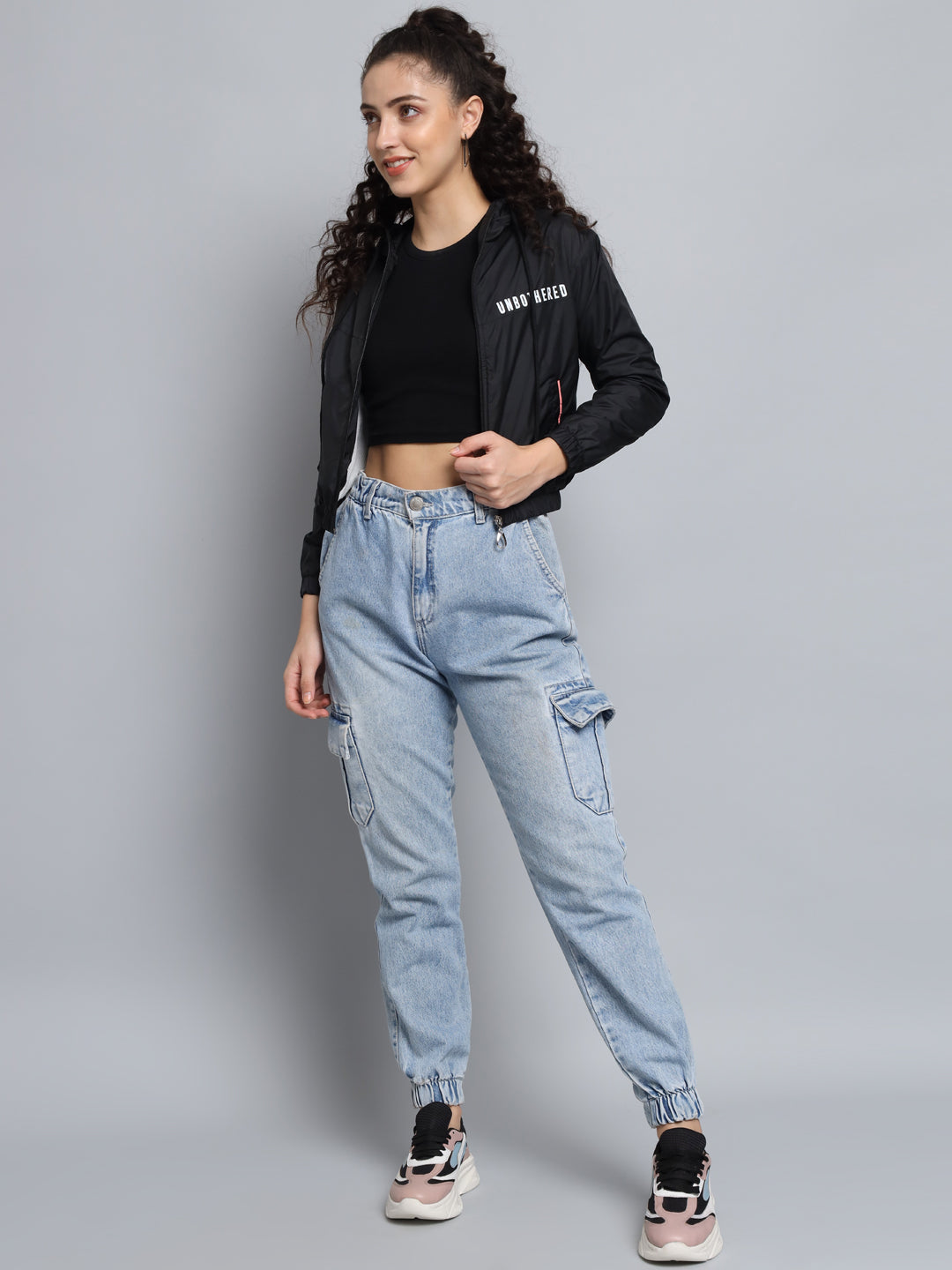 Broowl Women Black Windcheater Crop Sporty Jacket