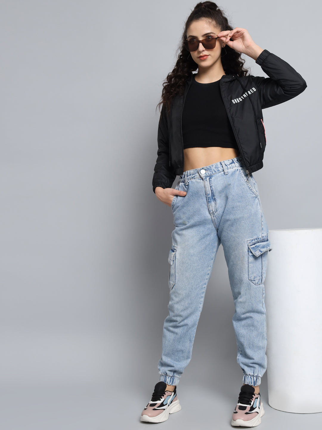 Broowl Women Black Windcheater Crop Sporty Jacket