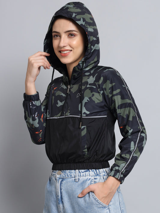 Broowl Women Green Black Camouflage Windcheater Crop Bomber Jacket