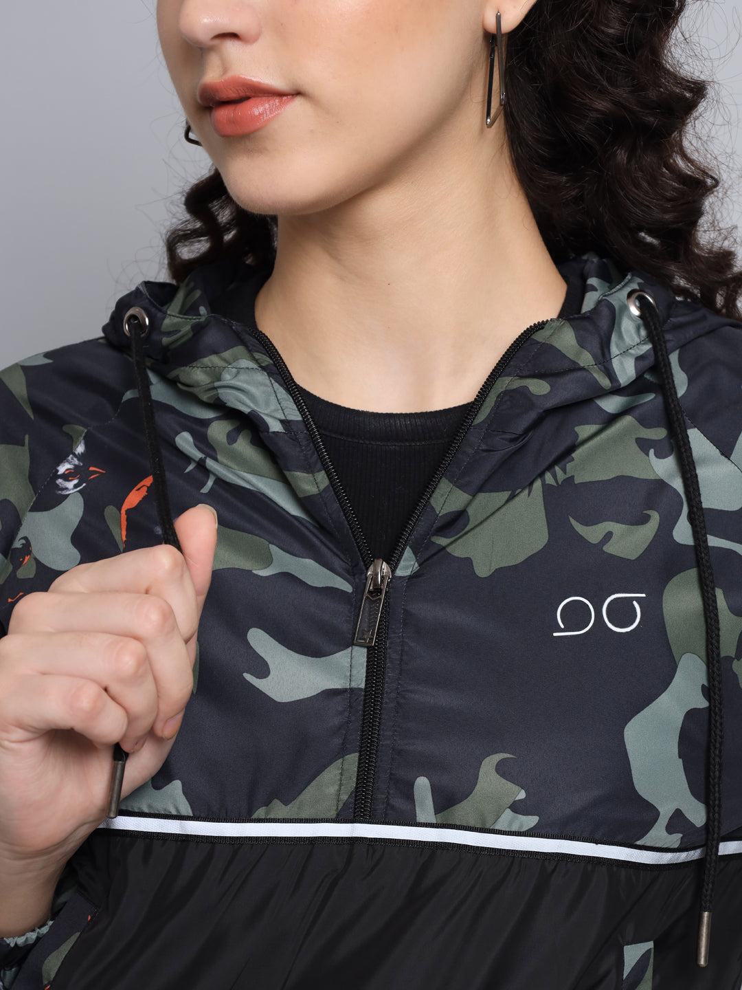 Broowl Women Green Black Camouflage Windcheater Crop Bomber Jacket