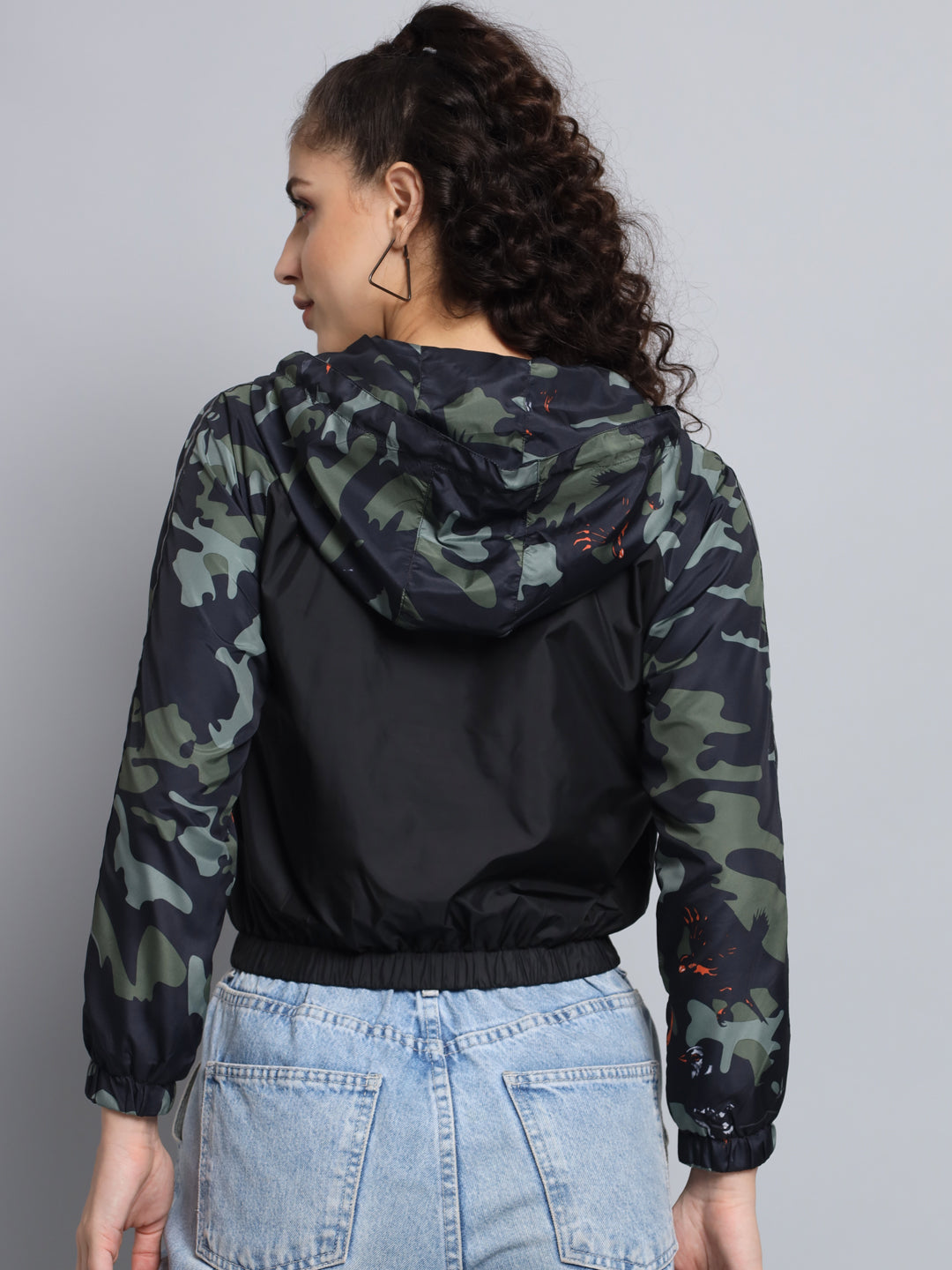 Broowl Women Green Black Camouflage Windcheater Crop Bomber Jacket