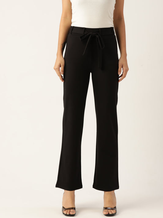 Women Black Relaxed Straight Leg Straight Fit Wrinkle Free Trousers