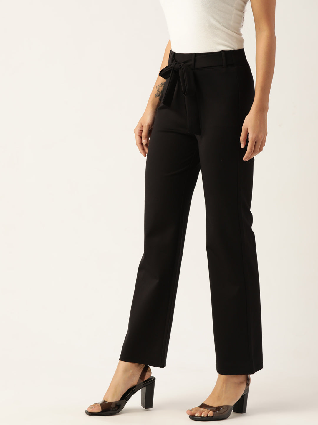 Women Black Relaxed Straight Leg Straight Fit Wrinkle Free Trousers