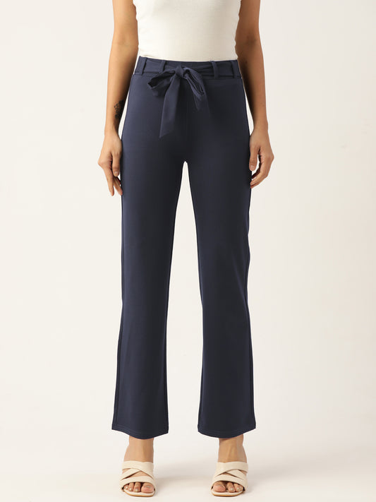 Women Navy Blue Relaxed Straight Leg Straight Fit Wrinkle Free Trousers