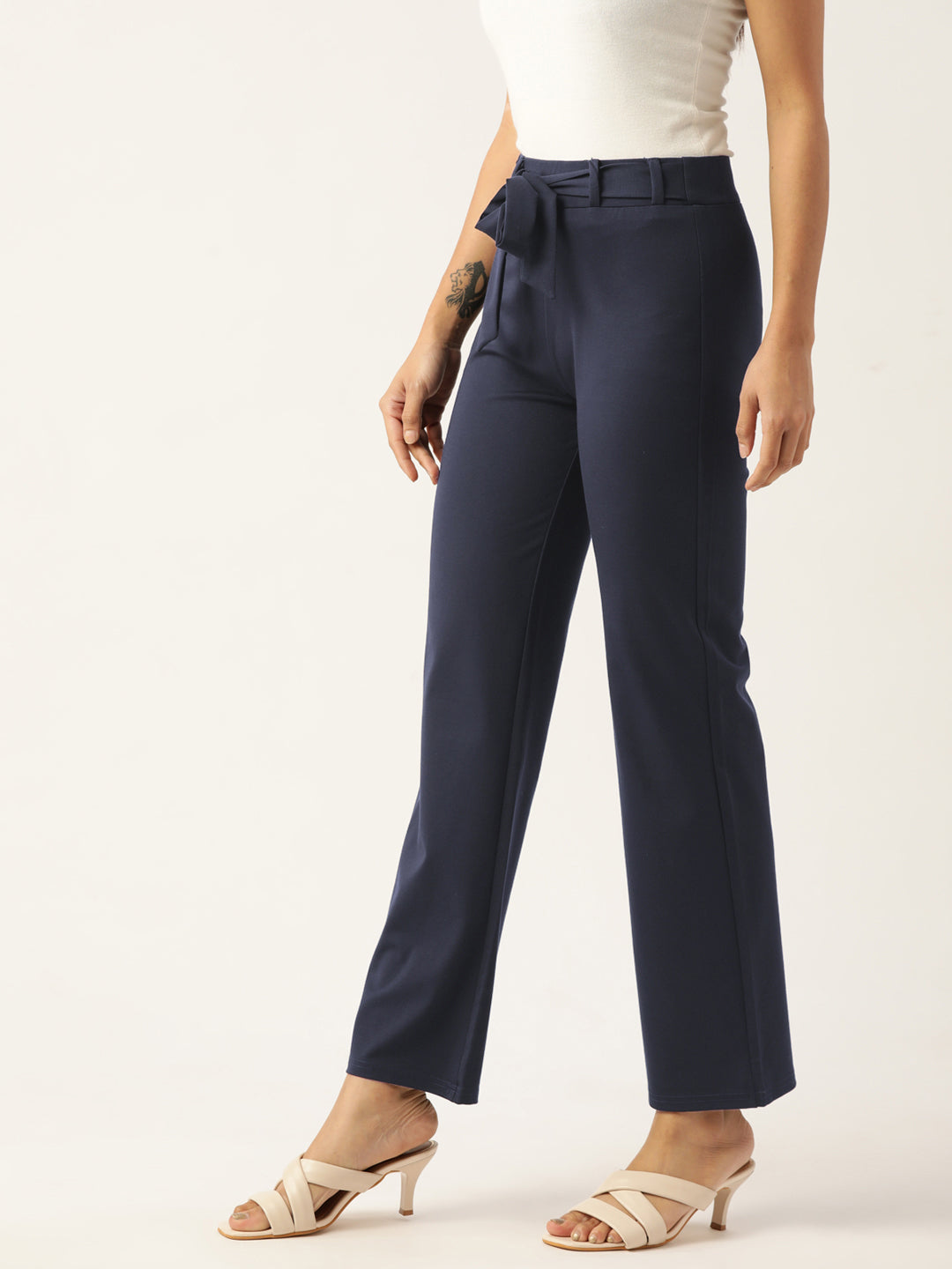 Women Navy Blue Relaxed Straight Leg Straight Fit Wrinkle Free Trousers