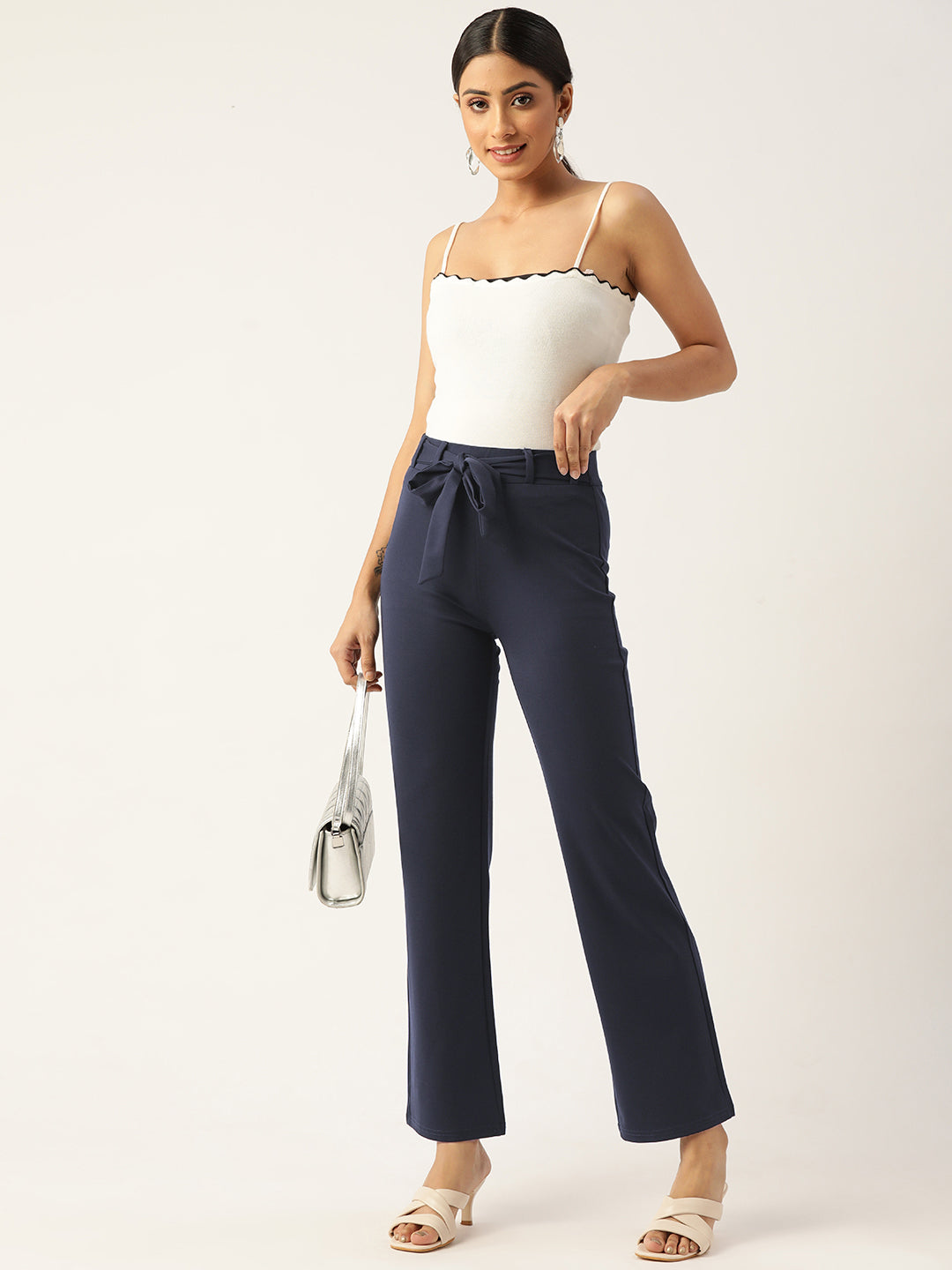 Women Navy Blue Relaxed Straight Leg Straight Fit Wrinkle Free Trousers