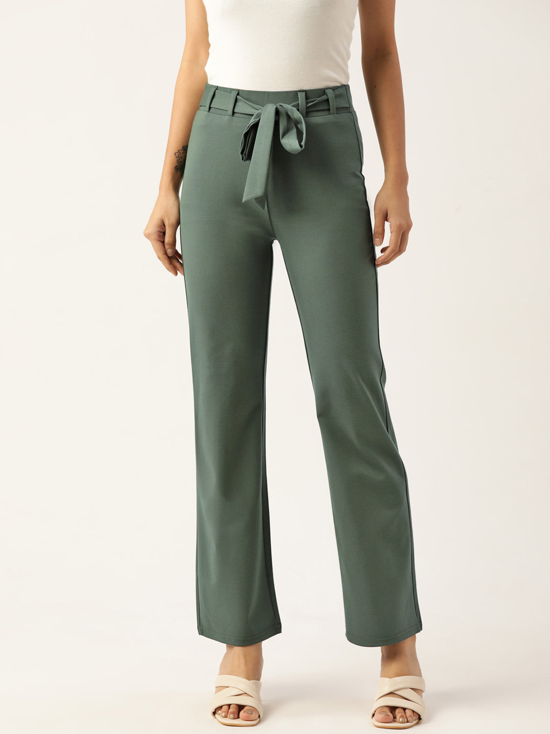 Women Olive Green Relaxed Straight Leg Straight Fit Wrinkle Free Trousers