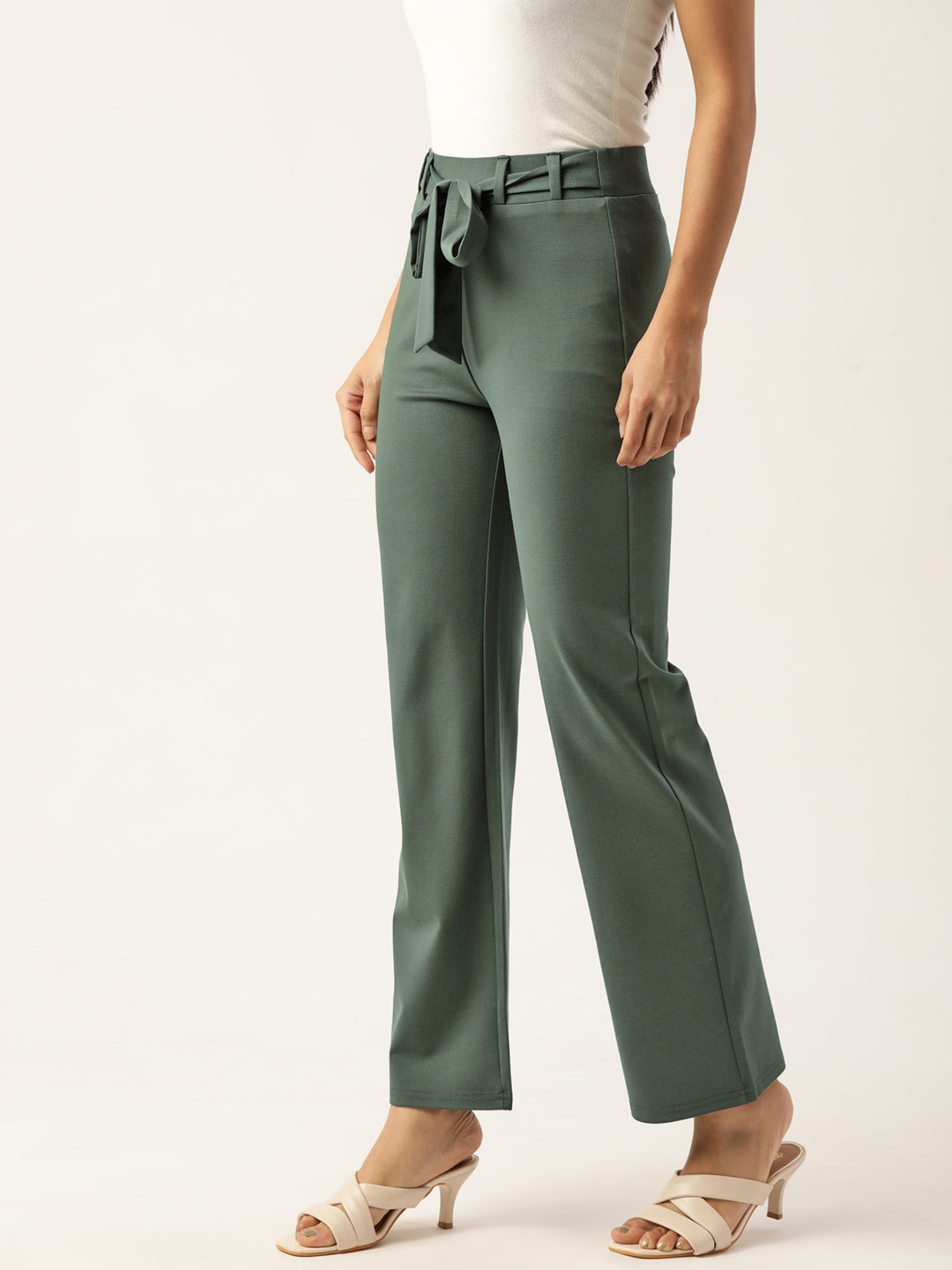 Women Olive Green Relaxed Straight Leg Straight Fit Wrinkle Free Trousers