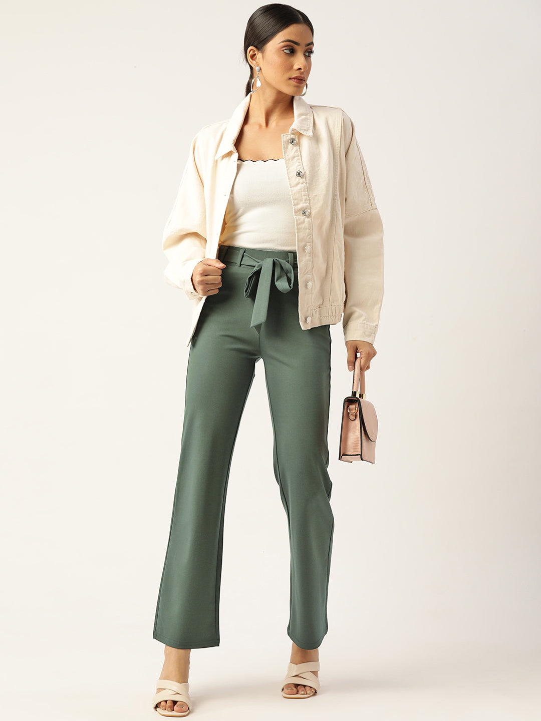 Women Olive Green Relaxed Straight Leg Straight Fit Wrinkle Free Trousers