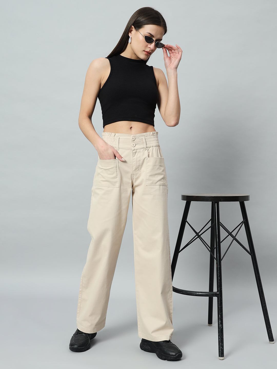 Women Relaxed Straight Fit Easy Wash Cotton Trouser