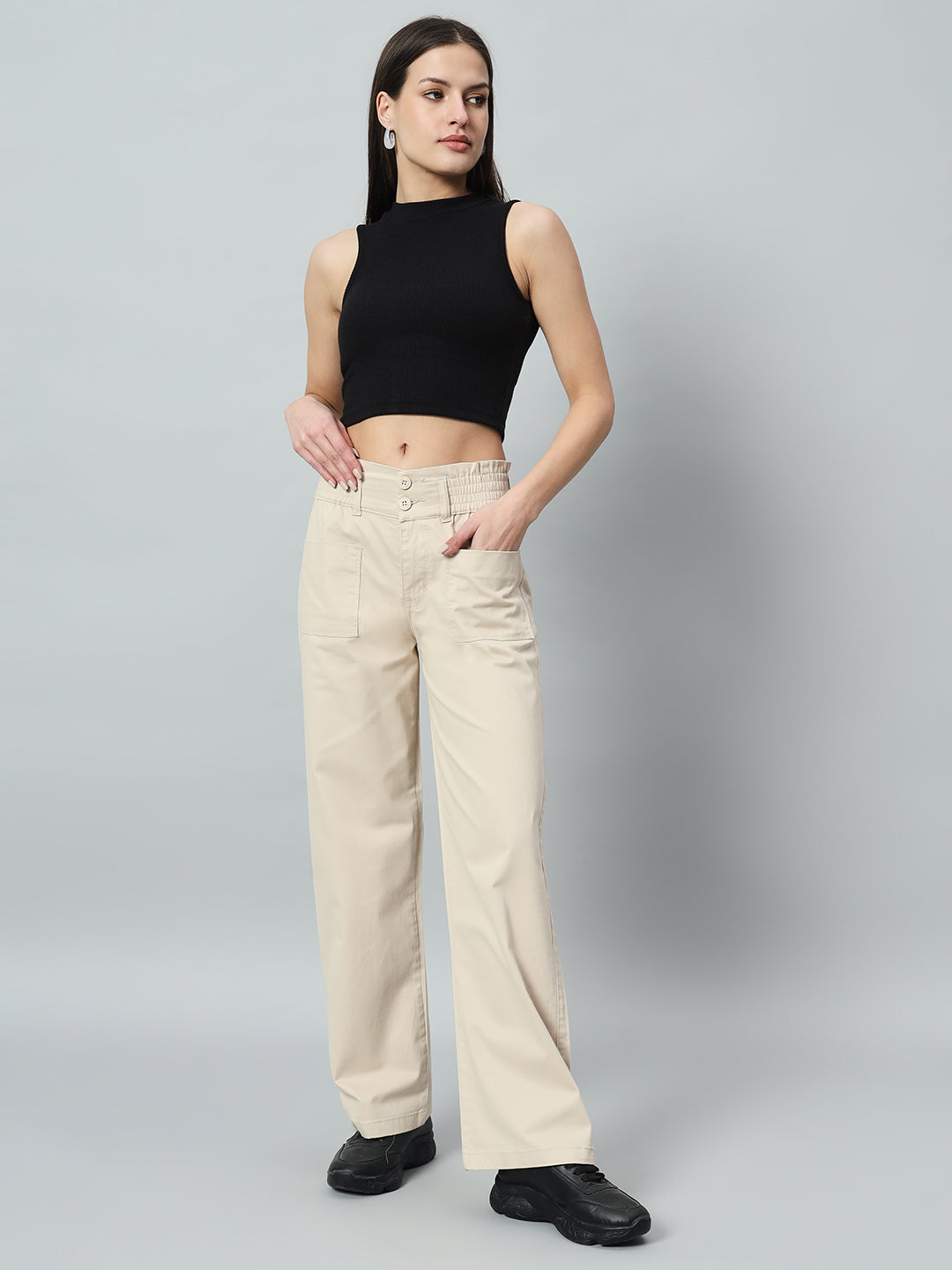 Women Relaxed Straight Fit Easy Wash Cotton Trouser