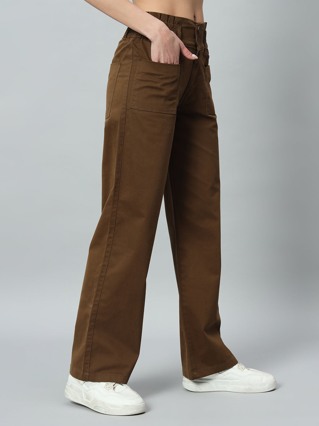 Women Relaxed Straight Fit Easy Wash Cotton Trousers