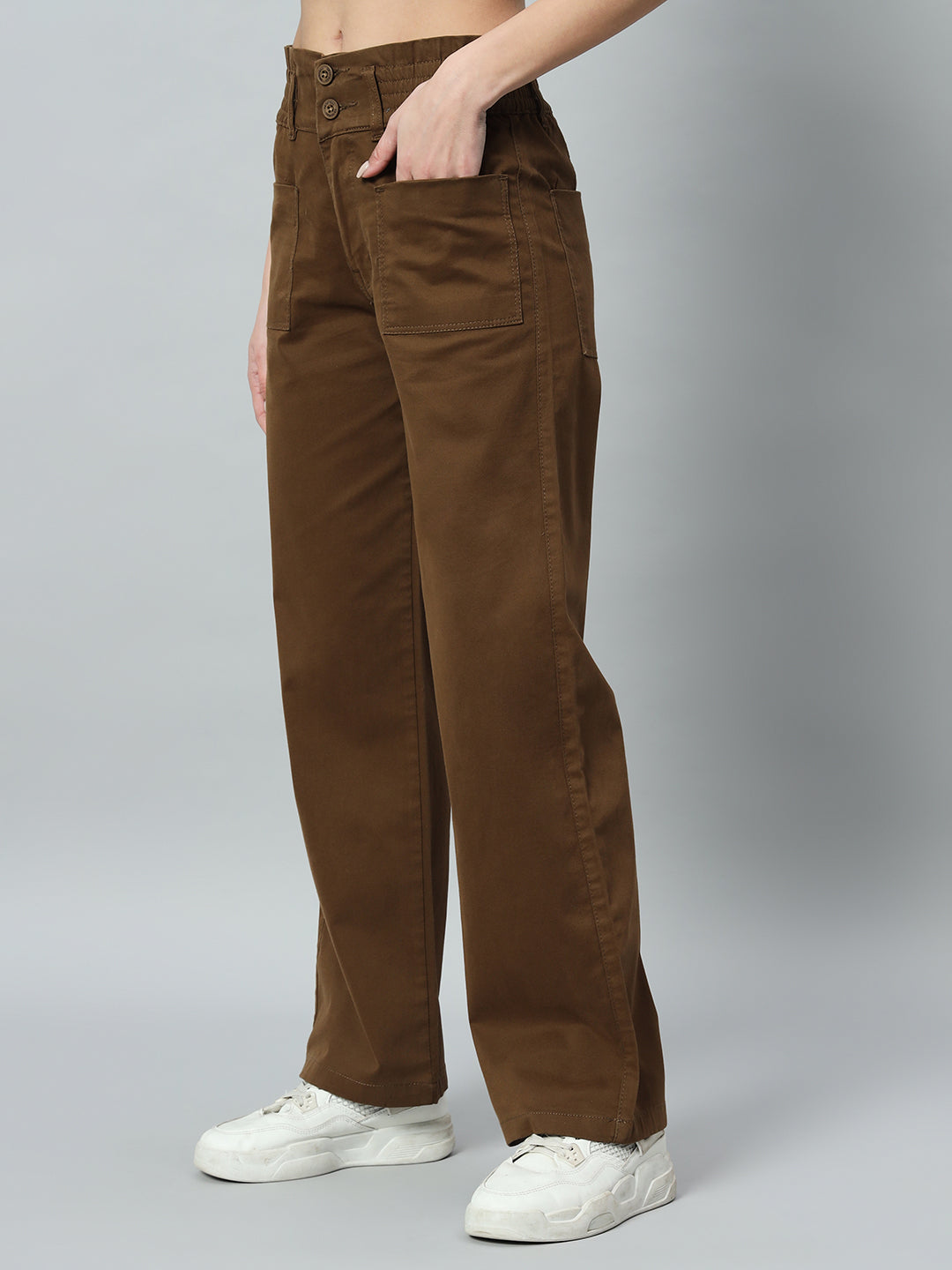 Women Relaxed Straight Fit Easy Wash Cotton Trousers