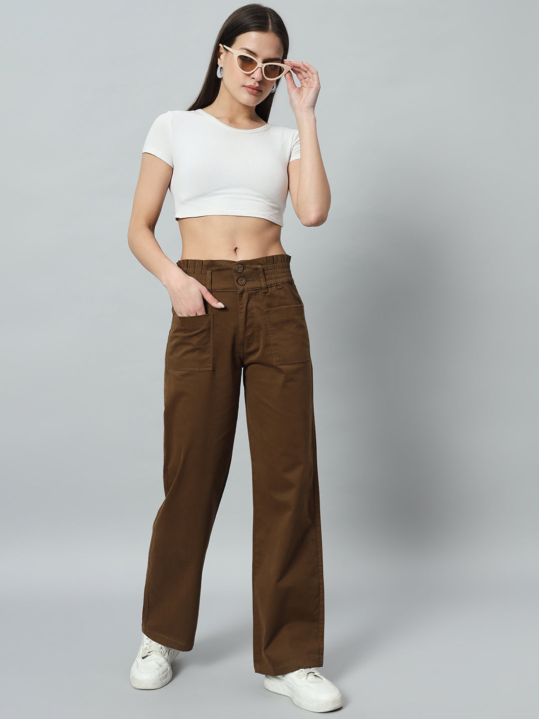 Women Relaxed Straight Fit Easy Wash Cotton Trousers