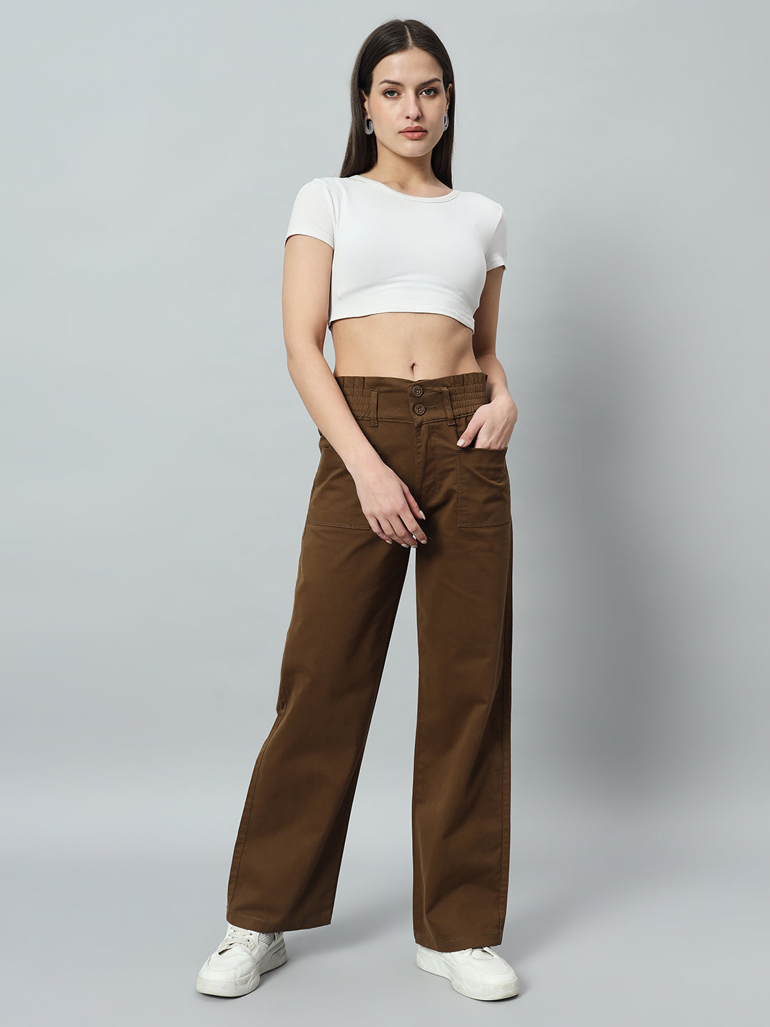 Women Relaxed Straight Fit Easy Wash Cotton Trousers