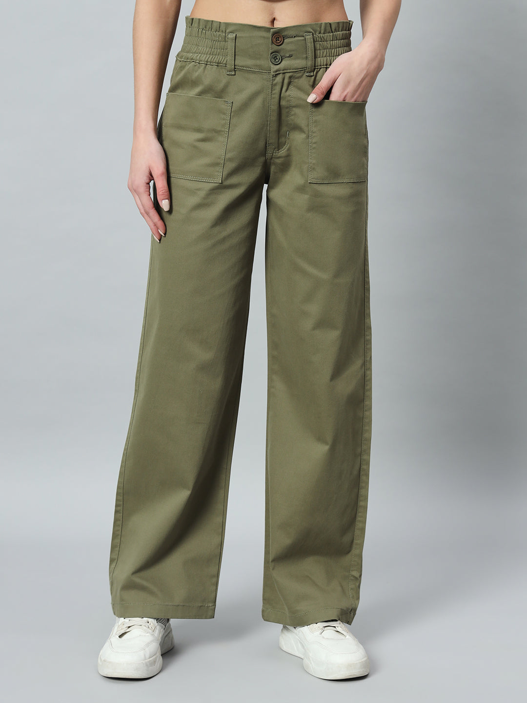 Women Relaxed Straight Fit Easy Wash Cotton Parallel Trousers