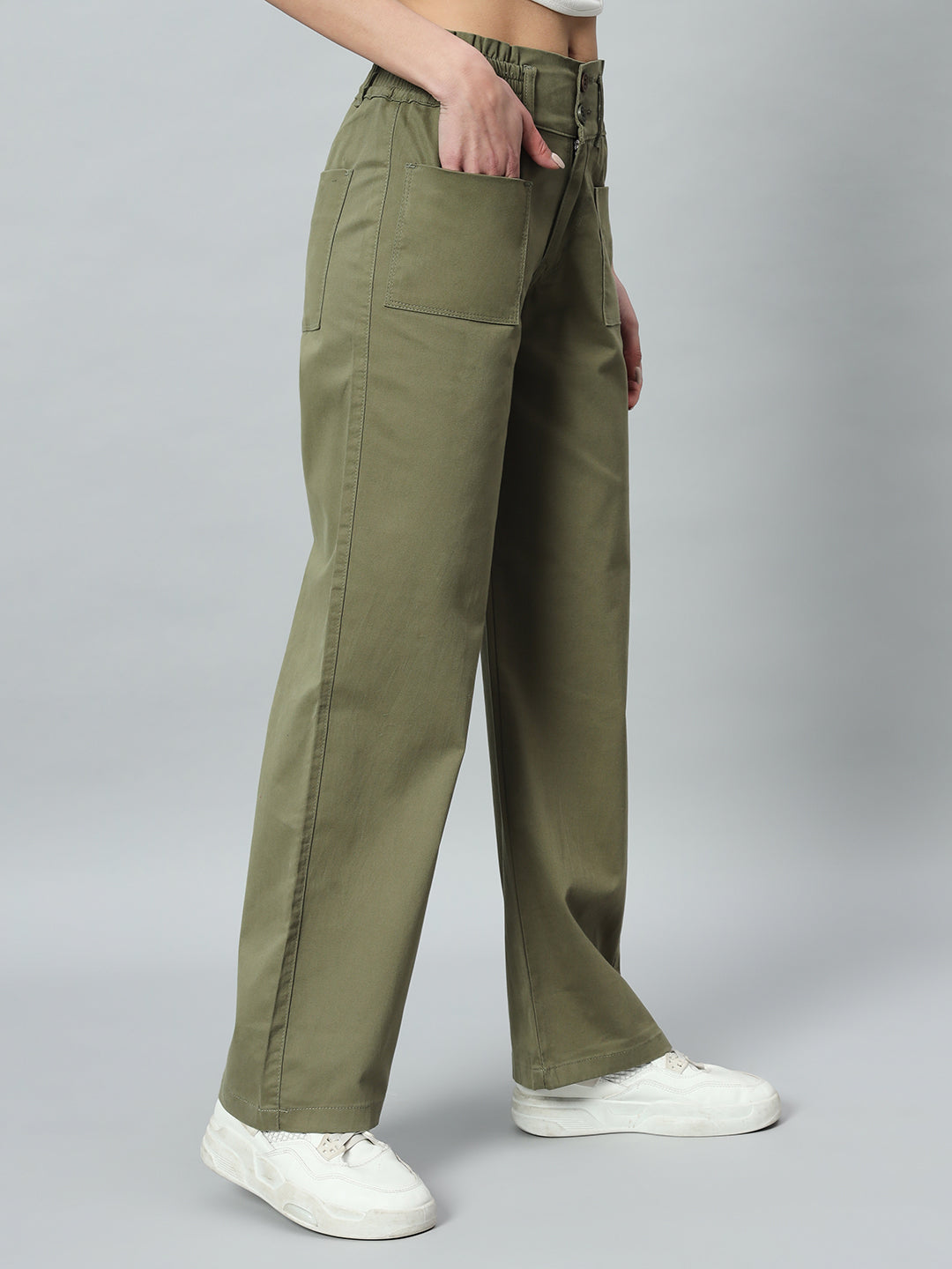 Women Relaxed Straight Fit Easy Wash Cotton Parallel Trousers