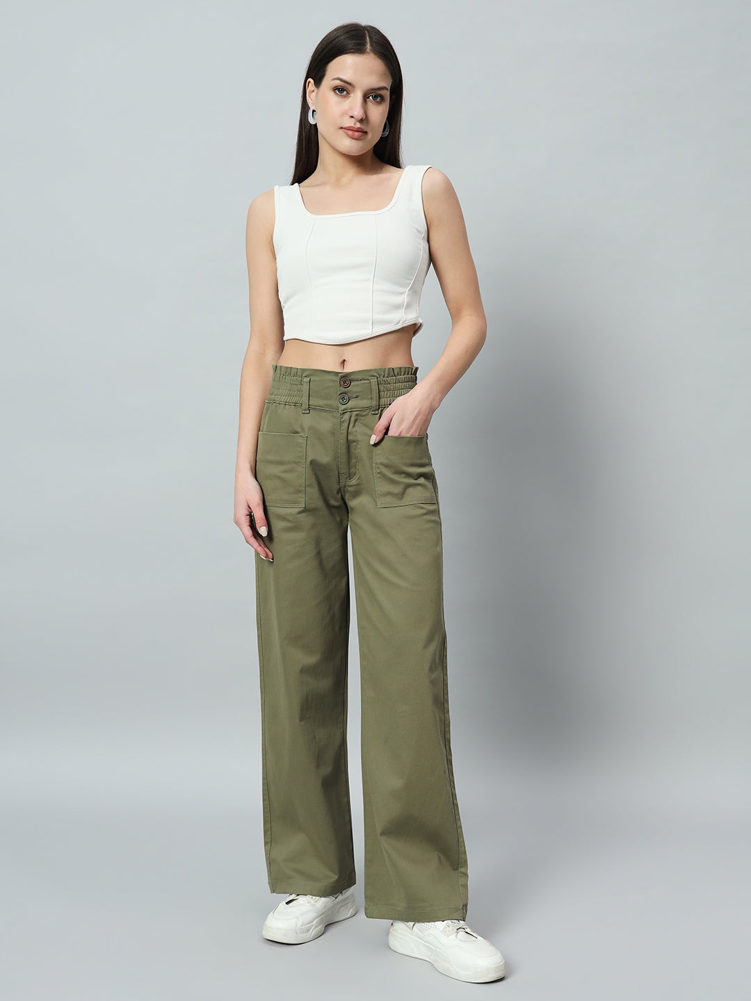 Women Relaxed Straight Fit Easy Wash Cotton Parallel Trousers