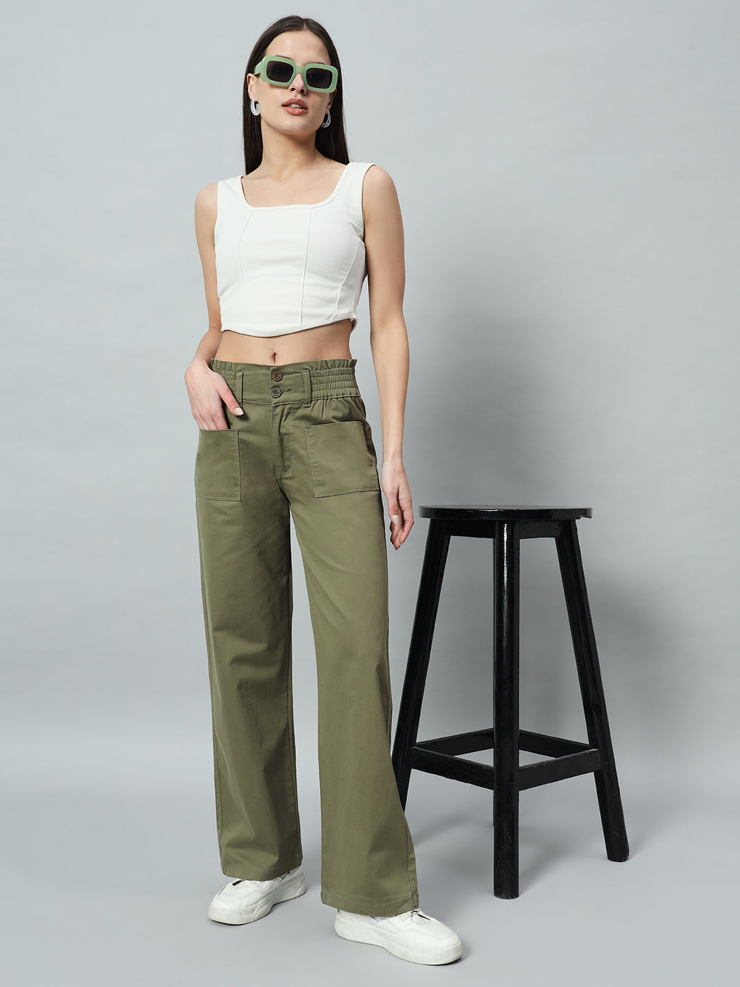 Women Relaxed Straight Fit Easy Wash Cotton Parallel Trousers