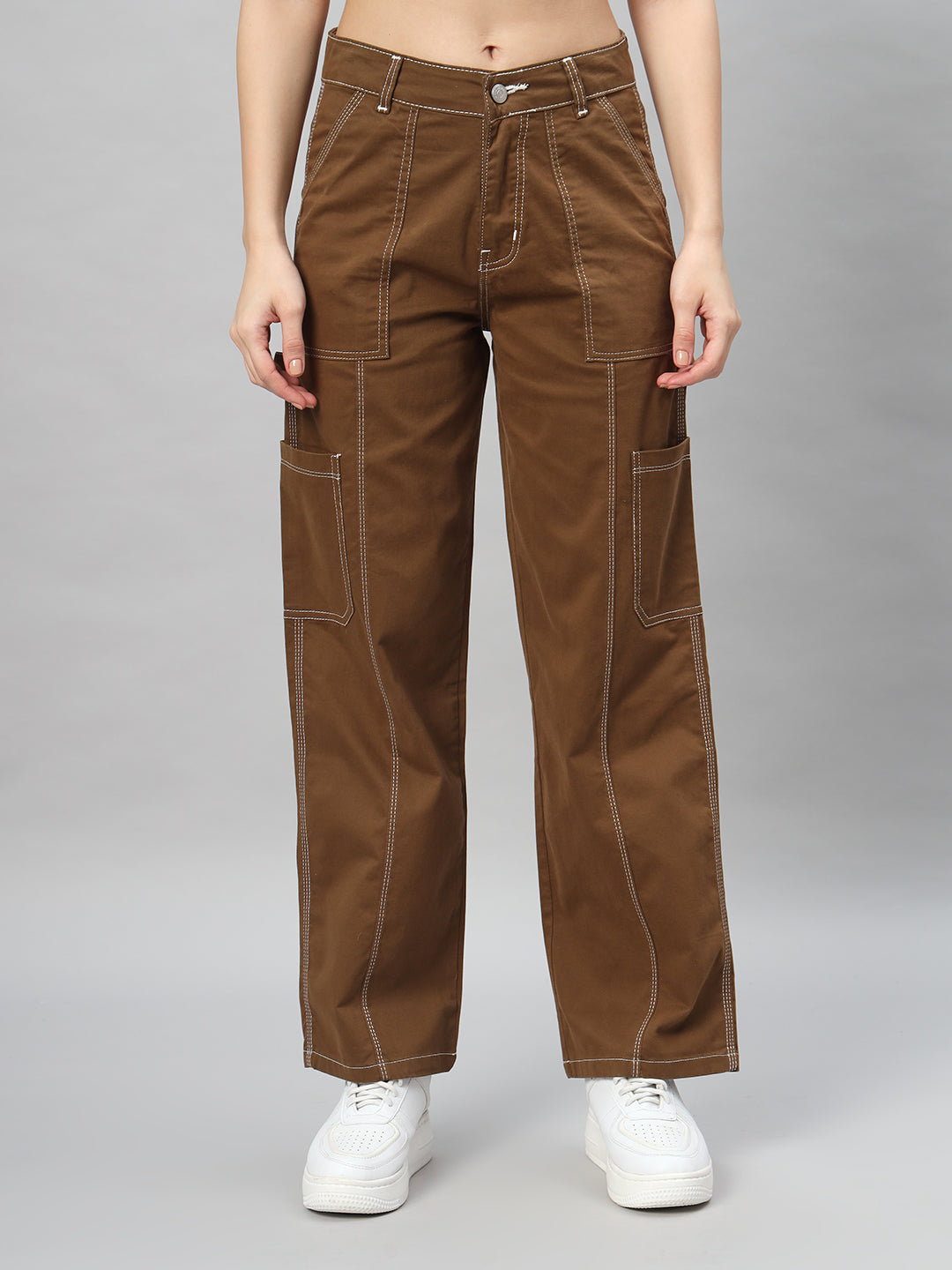 BROOWL Women Relaxed Straight Fit High-Rise Cargos Trousers