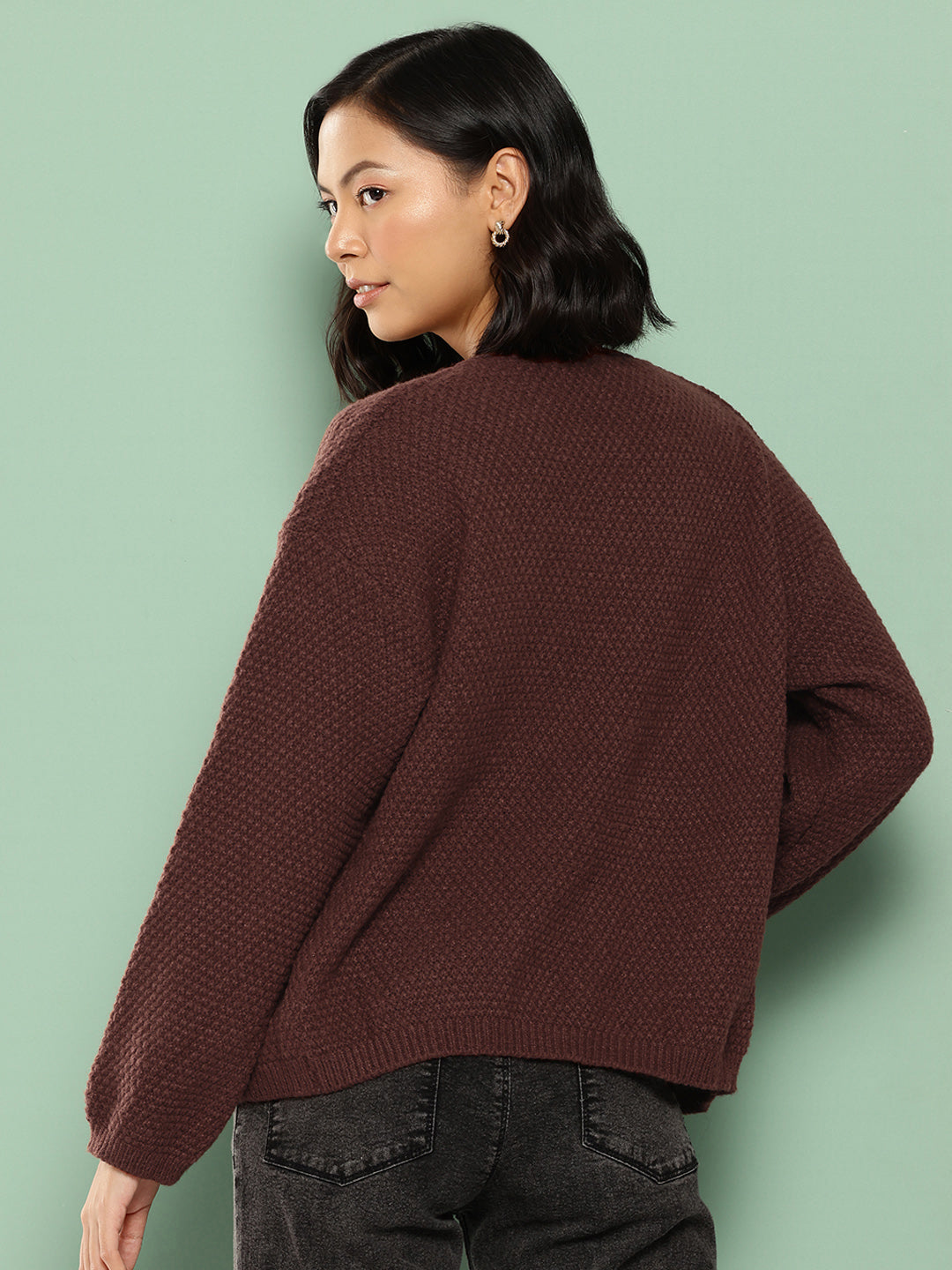 BROOWL Women Woollen Front-Open Sweater With Top