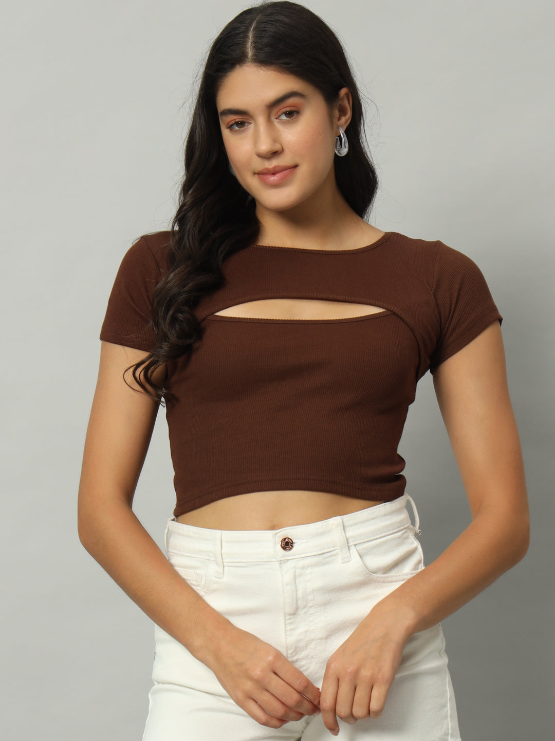 BROOWL Women's Round Neck Cut Out Fitted Crop Top