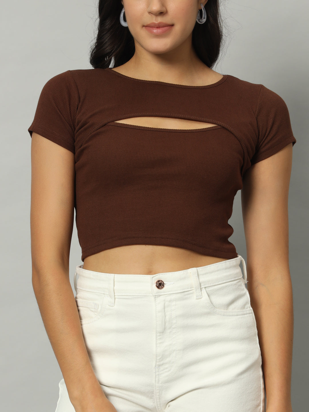 BROOWL Women's Round Neck Cut Out Fitted Crop Top