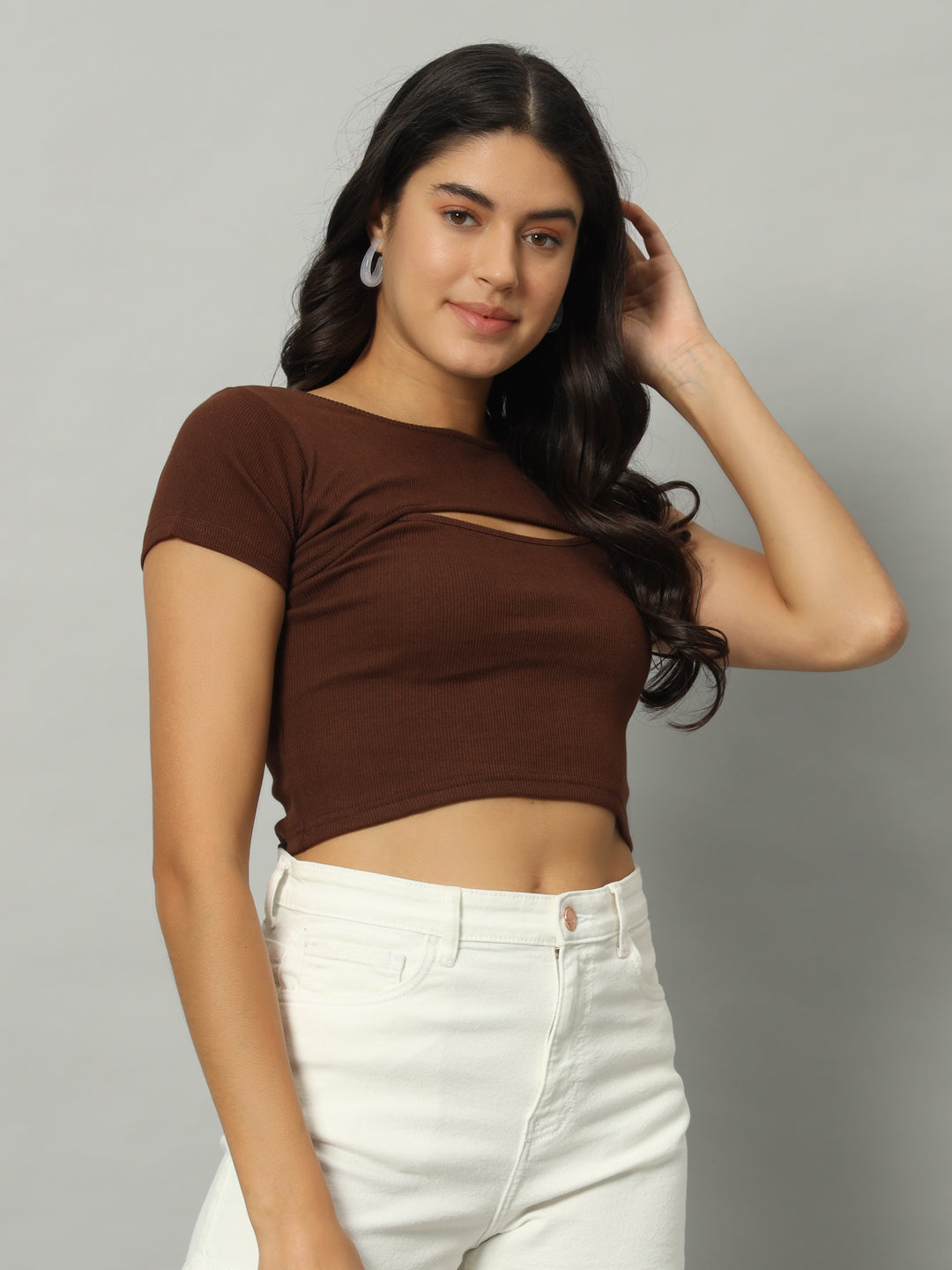 BROOWL Women's Round Neck Cut Out Fitted Crop Top