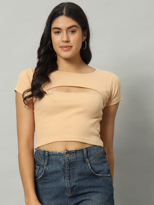 BROOWL Women's Round Neck Cut Out Fitted Crop Top