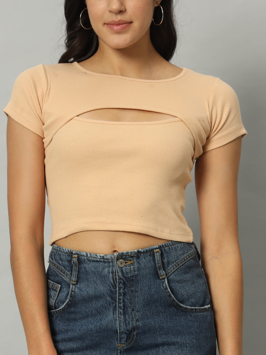 BROOWL Women's Round Neck Cut Out Fitted Crop Top