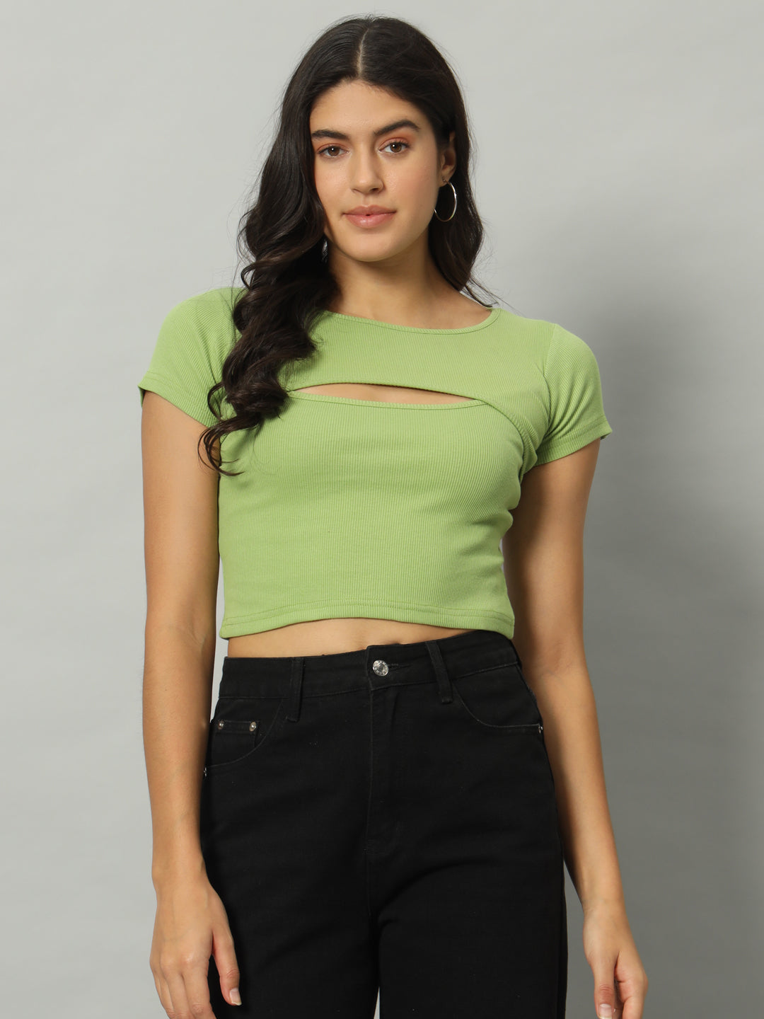 BROOWL Women's Round Neck Cut Out Fitted Crop Top