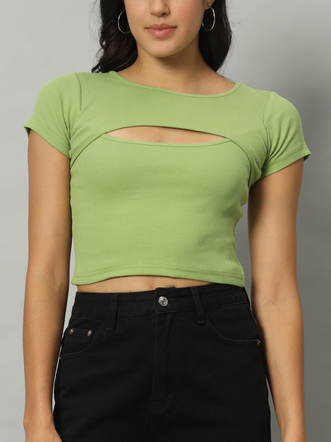 BROOWL Women's Round Neck Cut Out Fitted Crop Top