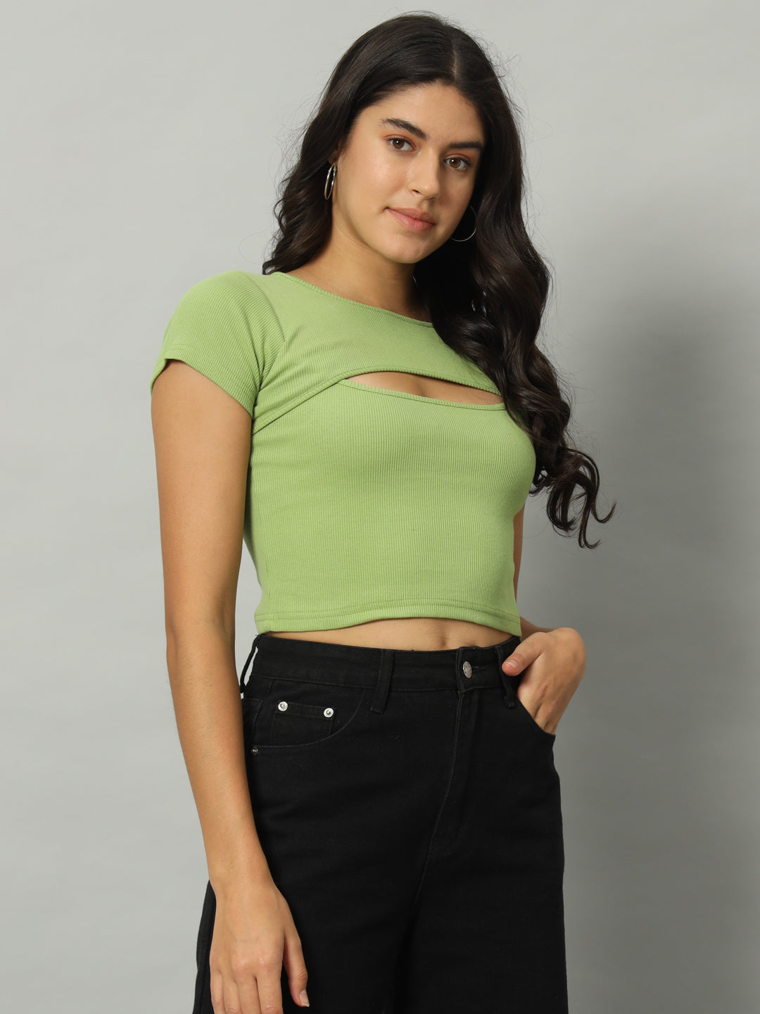 BROOWL Women's Round Neck Cut Out Fitted Crop Top